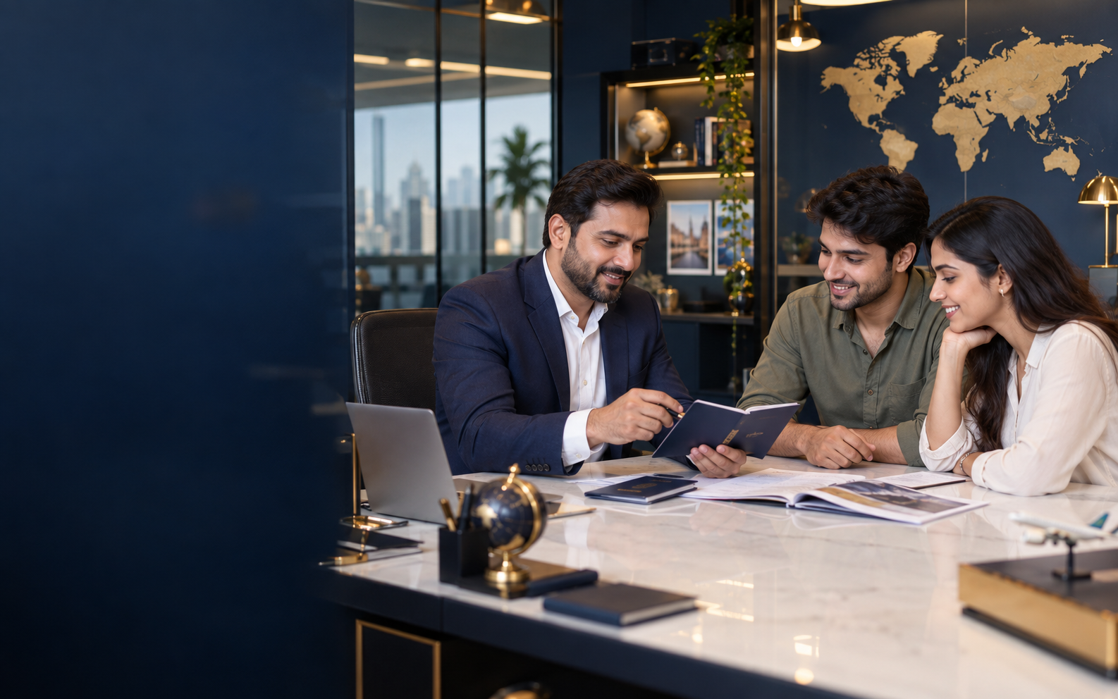 Indian visa consultant reviewing an application with a young couple